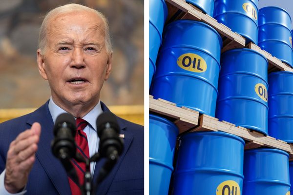 President Biden and oil barrels