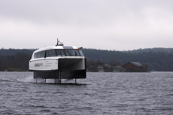 An electric hydrofoil passenger ferry slices through the water around Stockholm.