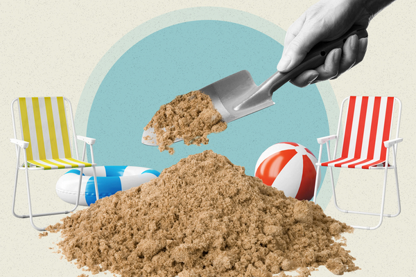 Photo collage of beach chairs and a large hand with a spade pouring sand with a pile of sand underneath