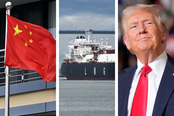 China's national flag, LNG tanker and Donald Trump