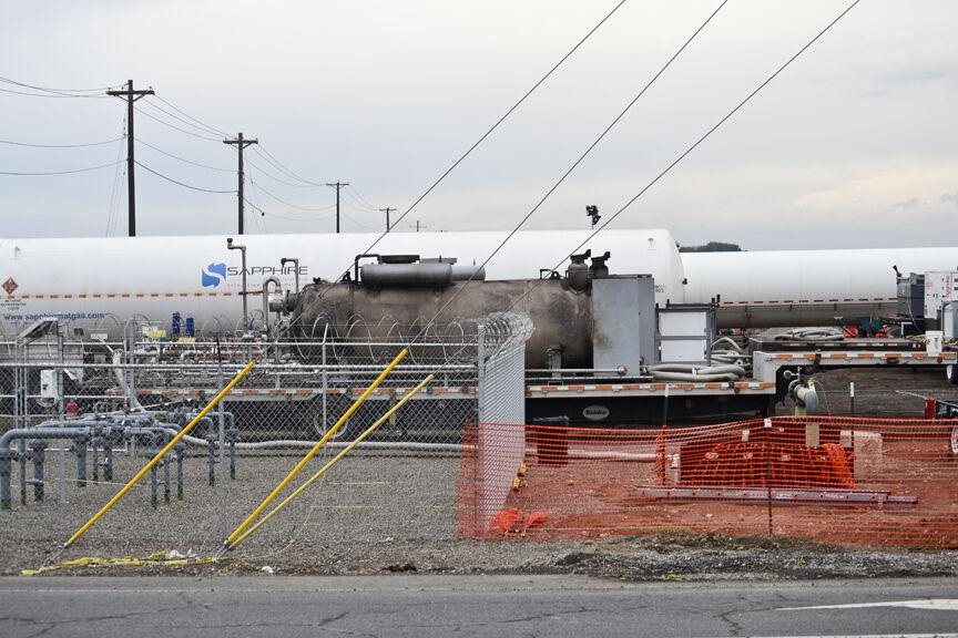 A burned out tanker is shown after a fire in Toppenish, Washington. 