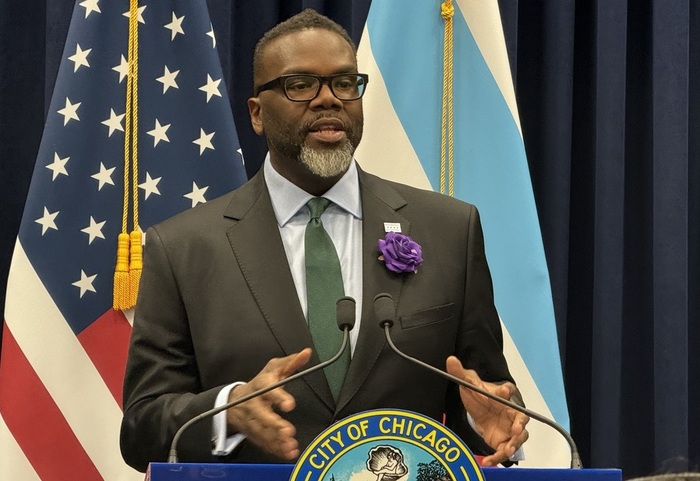 Chicago Mayor Brandon Johnson speaks to reporters Wednesday, March 20, 2024, after the Chicago City Council meeting in City Hall.